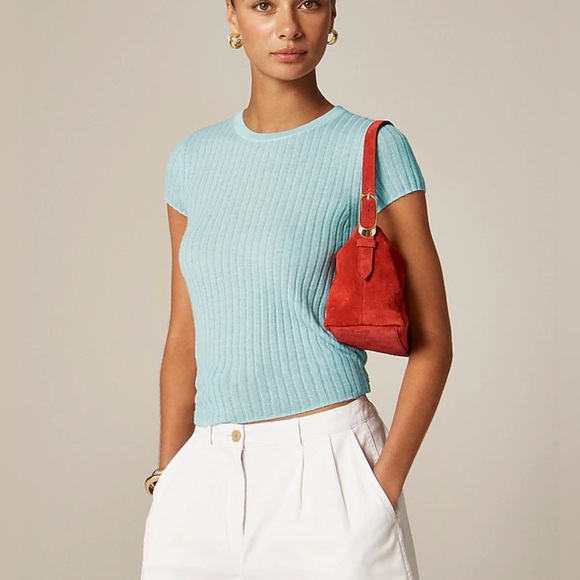 J. Crew Aqua Featherweight Cashmere Ribbed T Shirt Top Sweater NWT - Picture 2 of 4